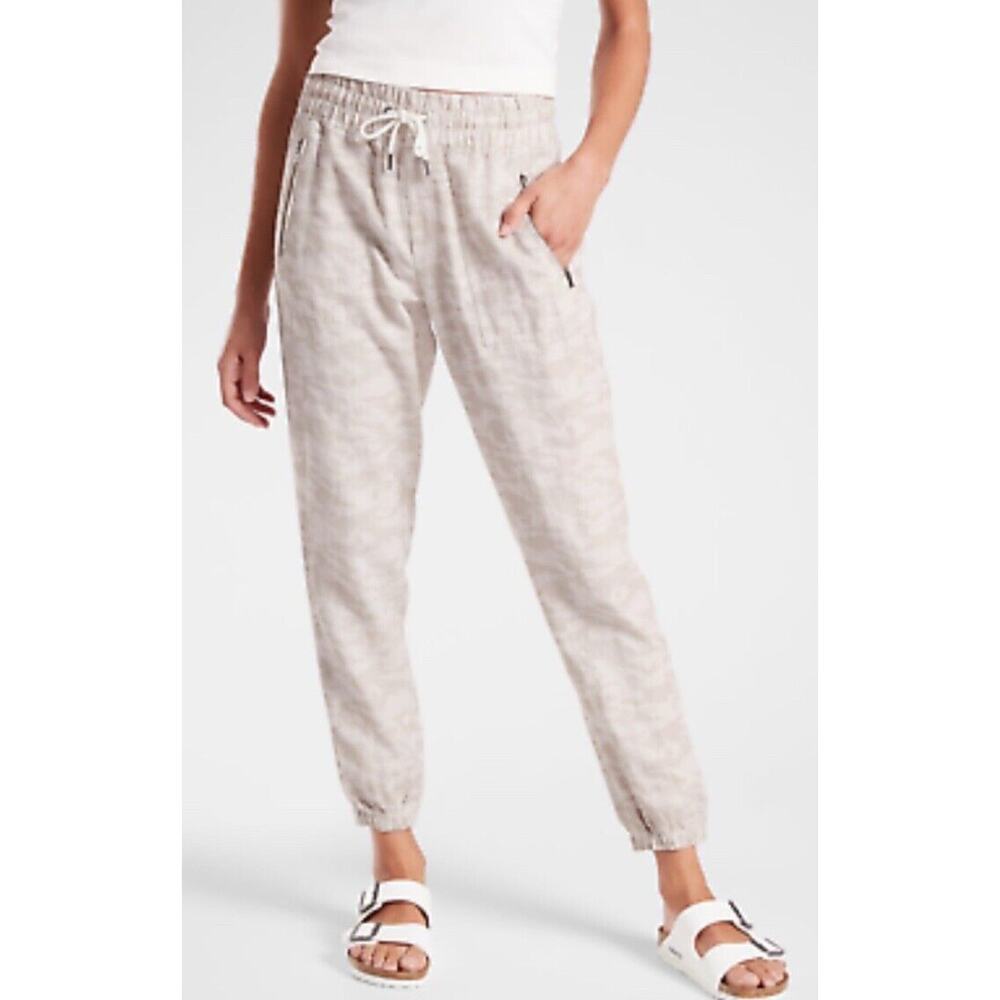 Athleta Cabo Tide Linen Jogger Pants •12 • Beige Camo Drawstring Zip Pockets